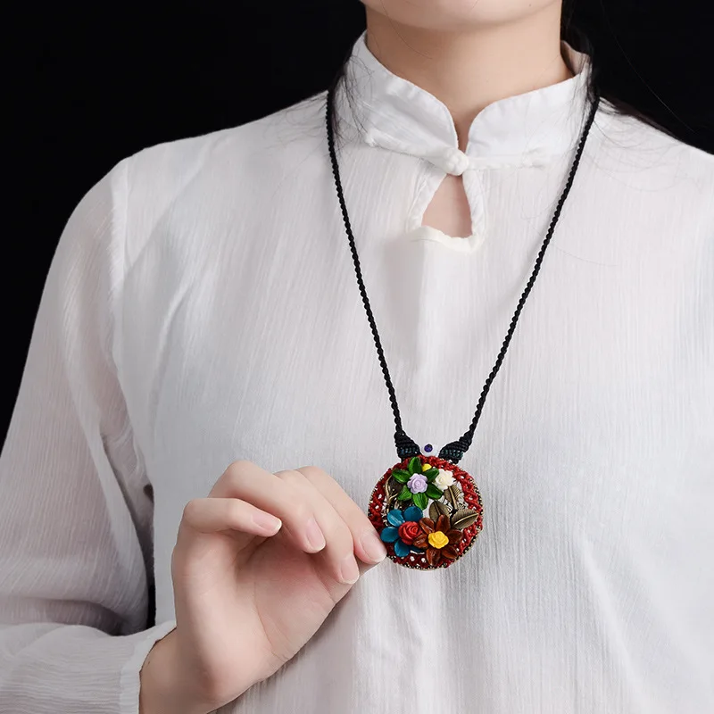 Antique Round Bronze Medal Flower Pattern Pendant Necklace Handmade Braided Rope Long China Ethnic Women Gift Jewelry | Украшения и