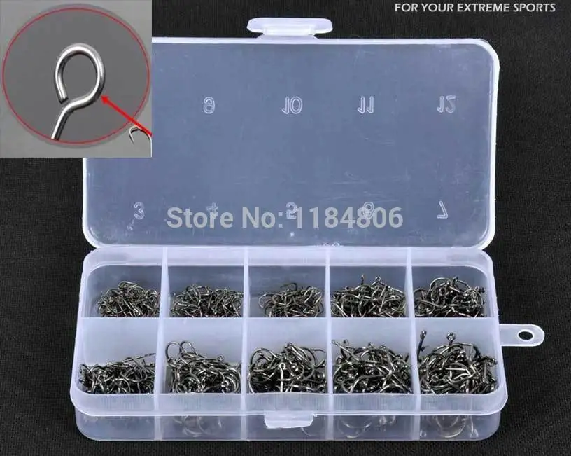 

500Pcs/set mixed different size with Plastic Box packed #3~12 BronzeSea Fishing Hooks with hole Carbon Steel Fishing Hooks Sharp