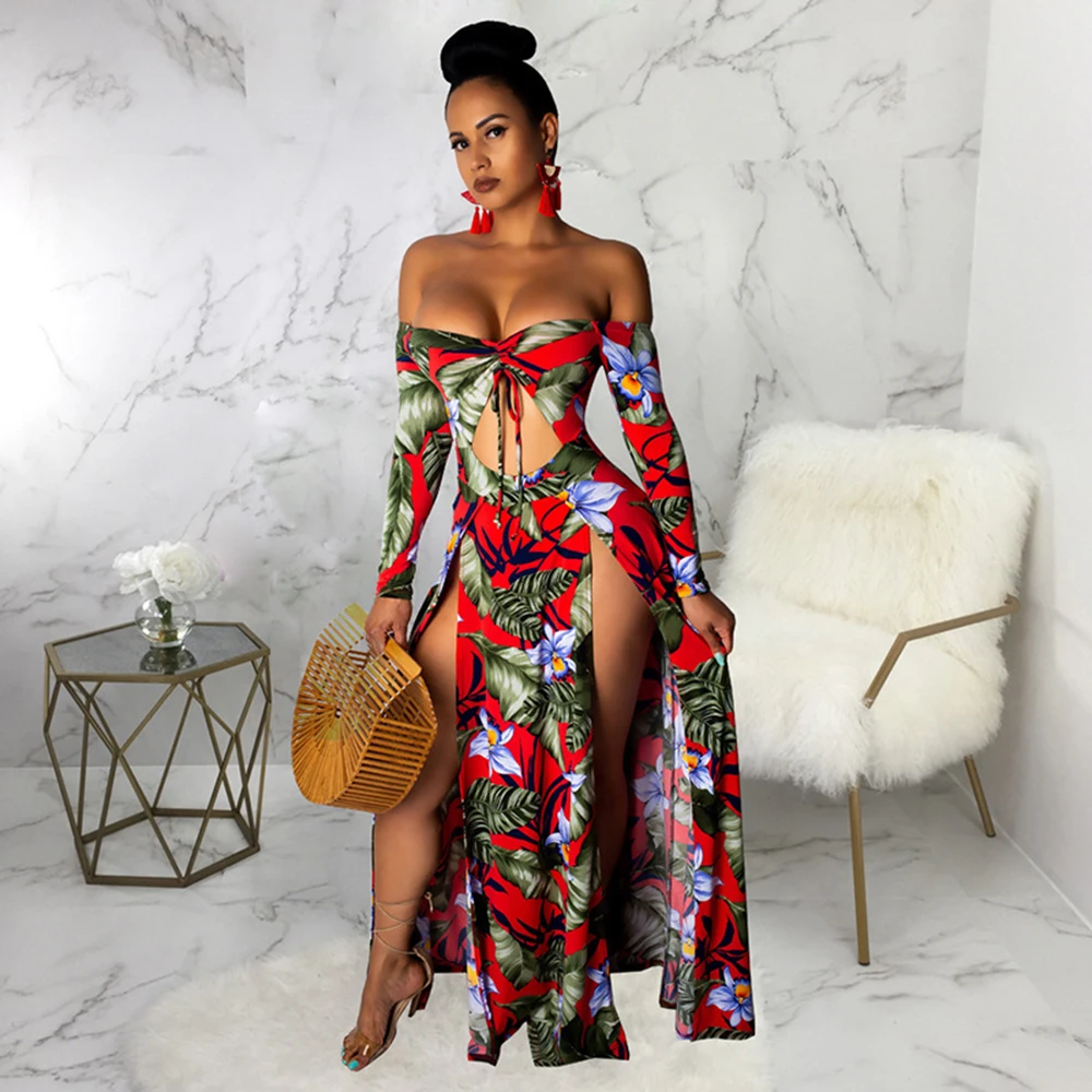 

Women Sexy Slash Neck Long Sleeve Hollow Out Floral Print Dress High Split Off Shoulder Backless Night Club Bodycon Dresses