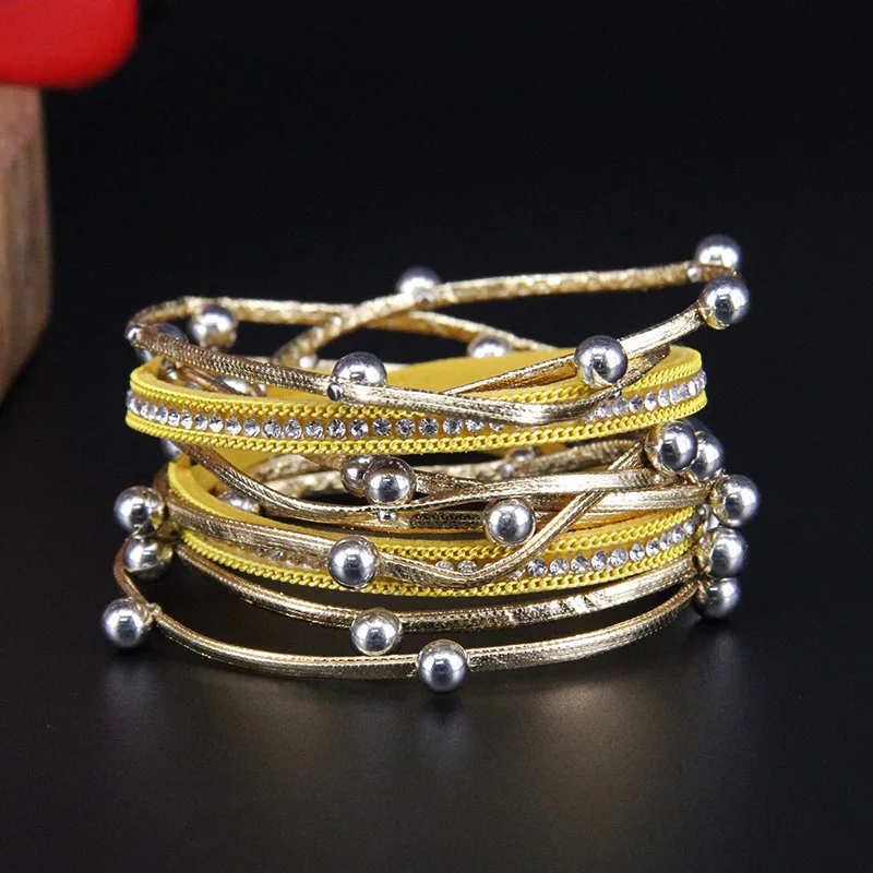 ZG Multilayer Leather Bracelets for Women Femme Crystal Metal Beads Charm Bohemian Style Bracelet Female Jewelry