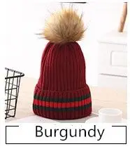 burgundy Новинка, зимние толстые вязаные шапочки из искусственного меха с помпоном Skullies Beanies, женские теплые шапки в полоску, вязаная шапка с меховым помпоном - Цвет: burgundy