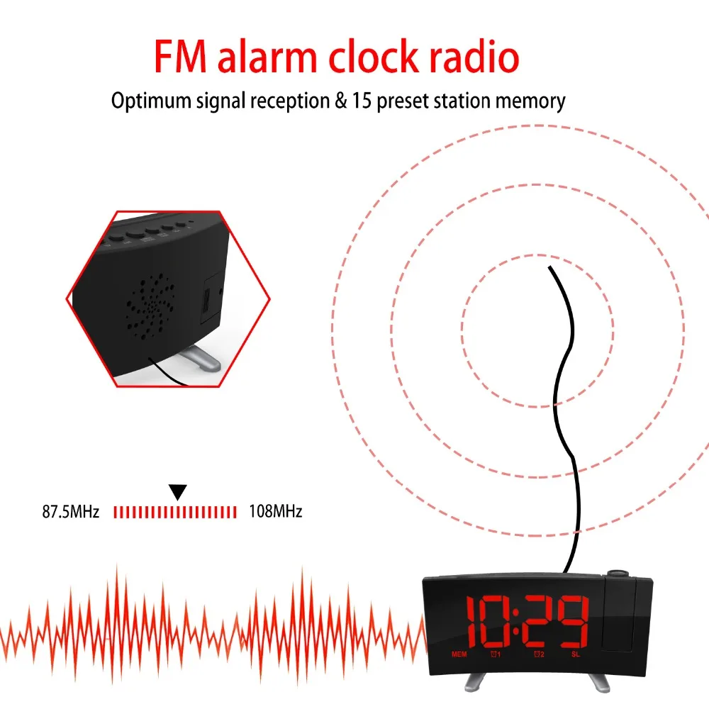 Цифровой радио Будильник FM радио часы Проекция Повтор Таймер Температура светодиодный дисплей 180 градусов настольные настенные FM радио часы