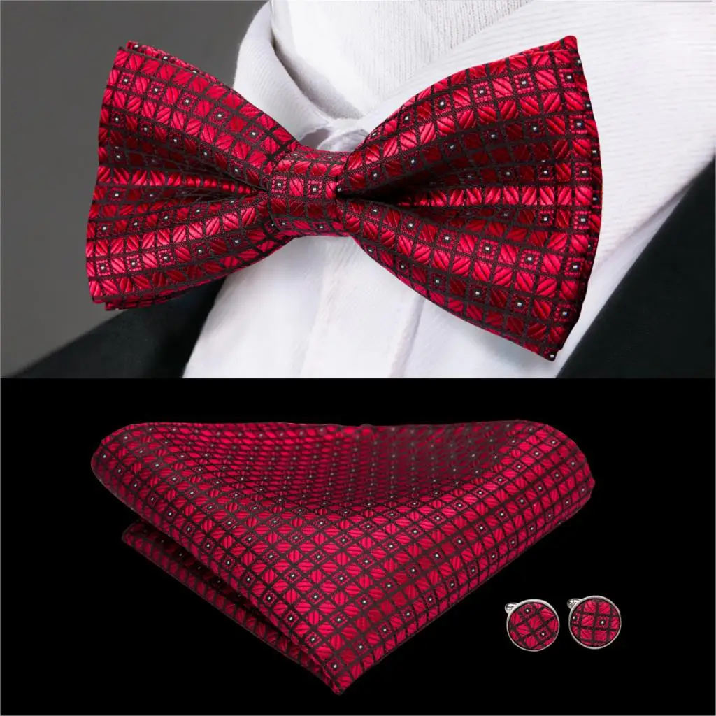 Фото Hi-Tie Шелковый галстук-бабочка для мужчин красная бабочка Карманный платок