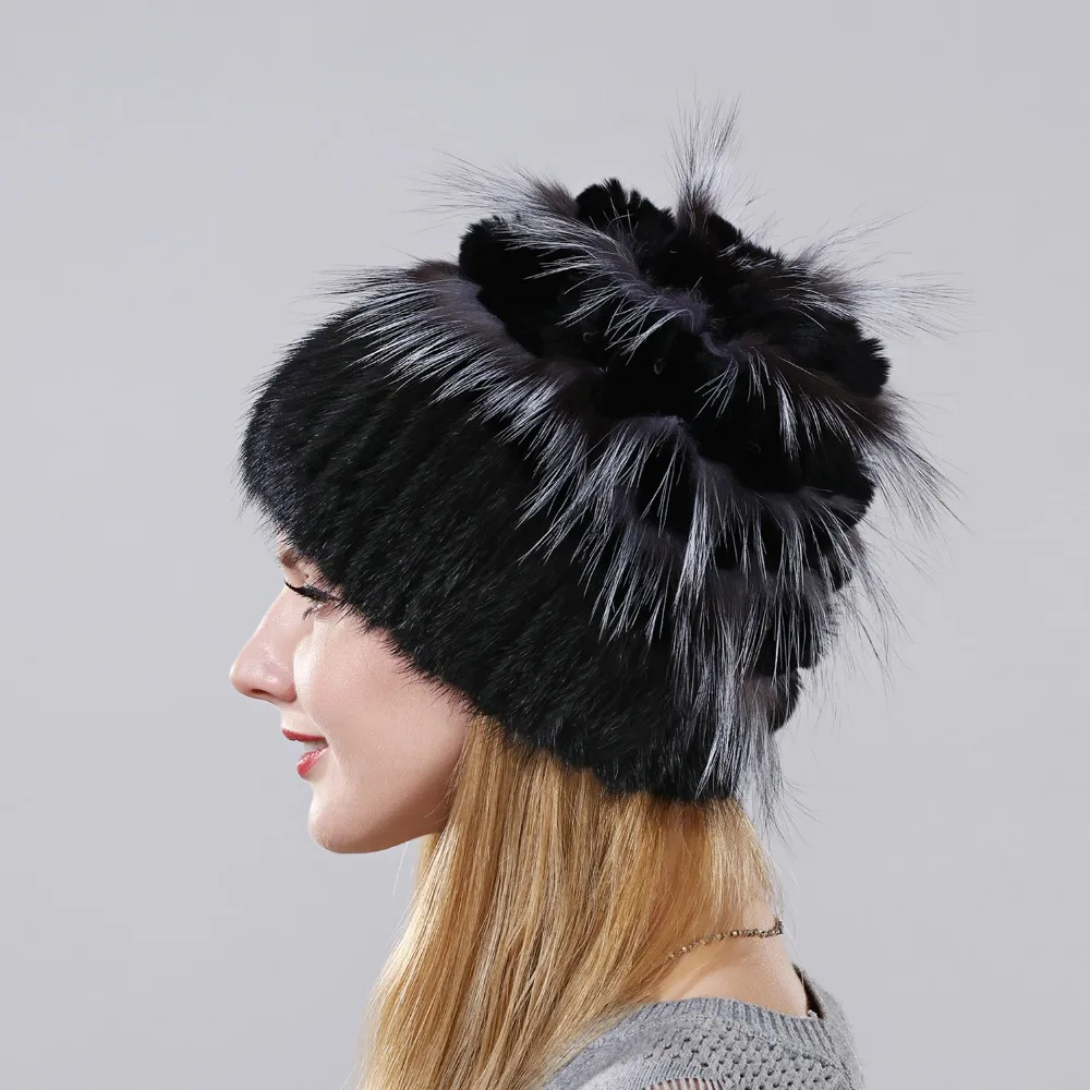 Women's Real Mink Fur hat For Winter Natural Big Piece Rabbit Fur Rex Fox Fur Hat Female Fur Headwear 2017 New Fashion Warm Cap
