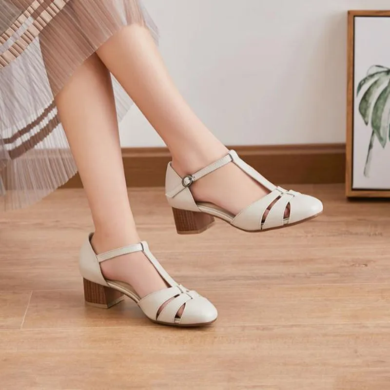 spring and summer new cow leather High heels buckle Crude heel round head retro sandals Female mid heel women's shoes