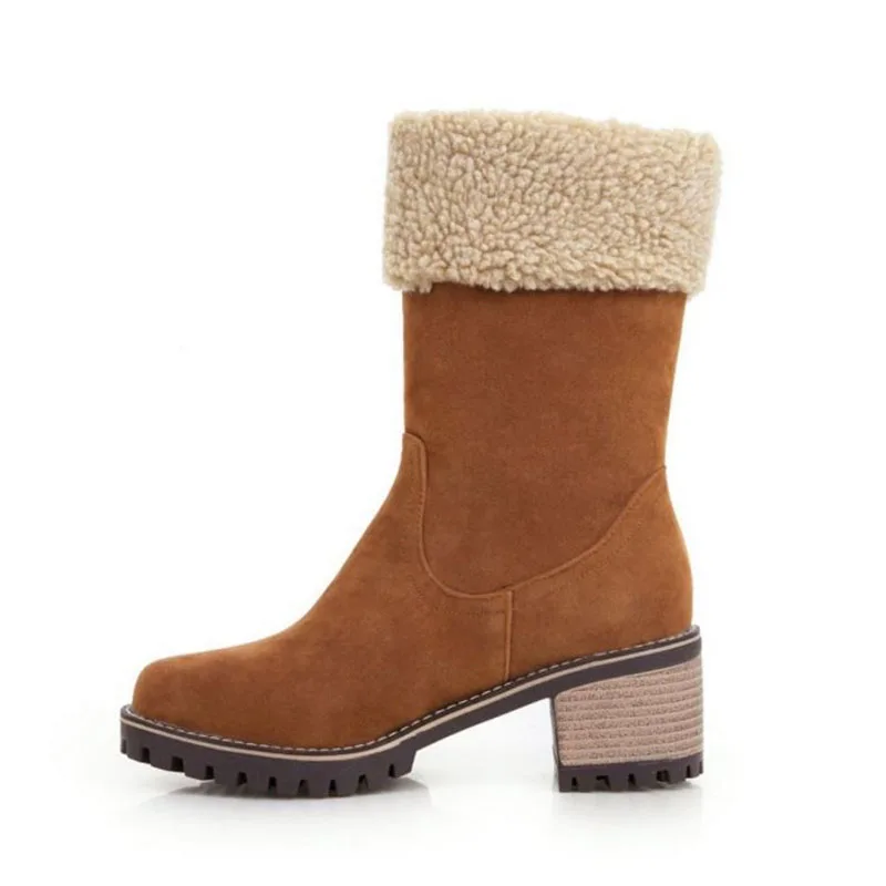 Taoffen Warm Fur Women Mid Calf Boots Simpe Round Toe Zipper Heels Shoes Comfortable Winter Footwear Size 33-44 | Обувь