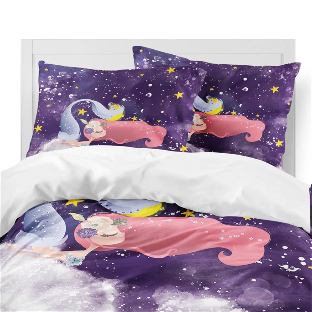 Cartoon Mermaid Bedding Set Girls Sweet Duvet Cover Purple Blue Wave Print Bed Festival Gift Bedclothes Home Decor D49 | Дом и сад