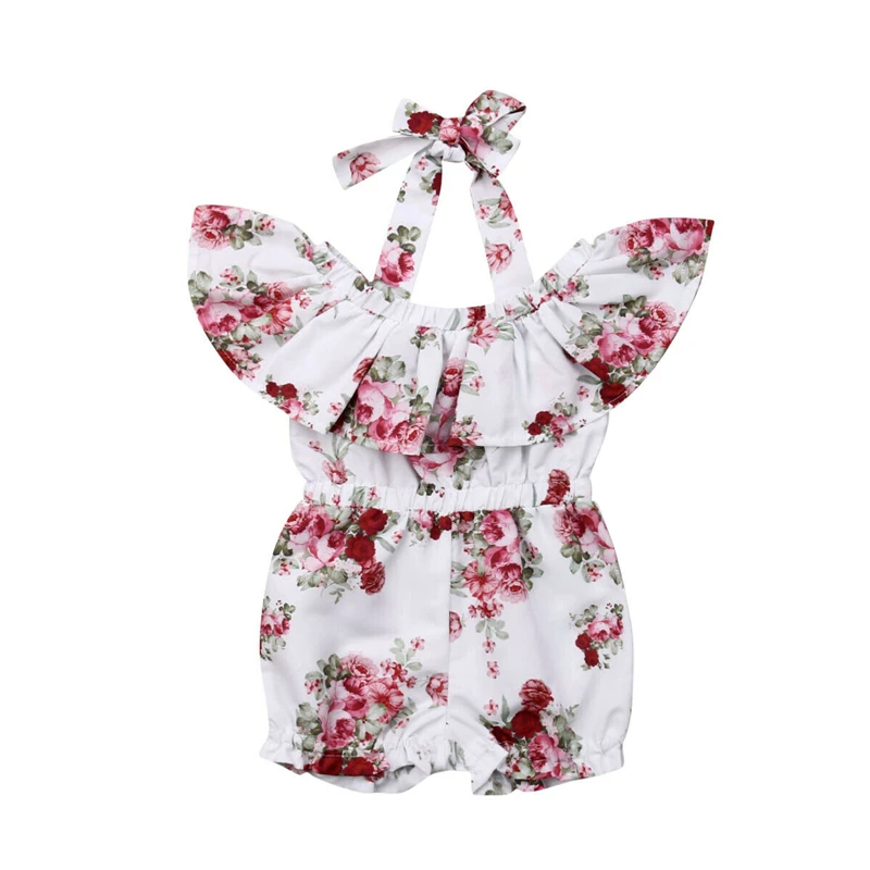 Летний комбинезон с цветочным принтом для новорожденных девочек лямкой на шее и