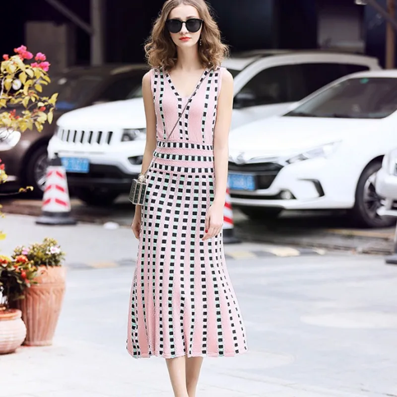 

New Arrival Summer Women's High Quality Plaid V-Neck Office Ladies Knitted Dress Elegant femme vestidos