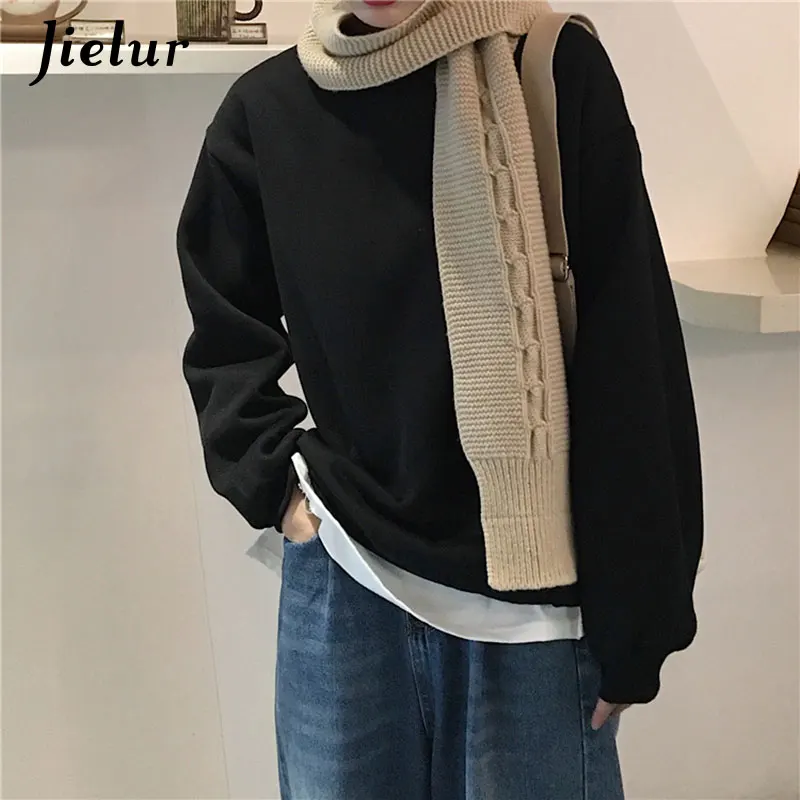 Черный Jielur 12 однотонные толстовки Джерси женские Зимние флисовые корейские Harajuku толстовки женские Kpop Kawaii черные розовые женские s пуловеры - Цвет: Черный