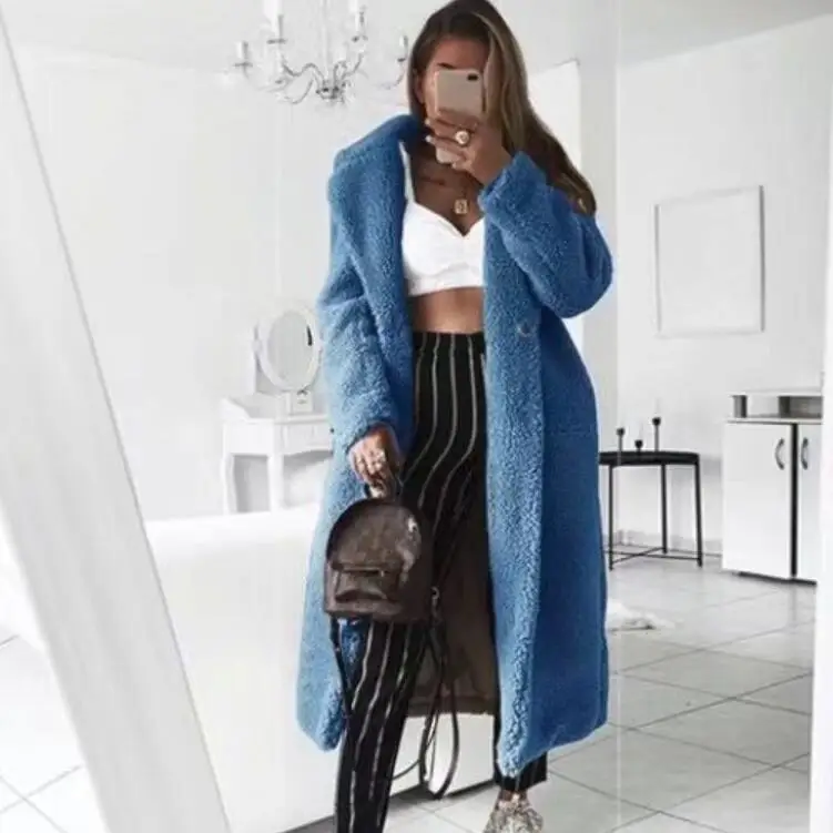 Женское шерстяное пальто explosion длинное однотонное с отворотом и искусственным