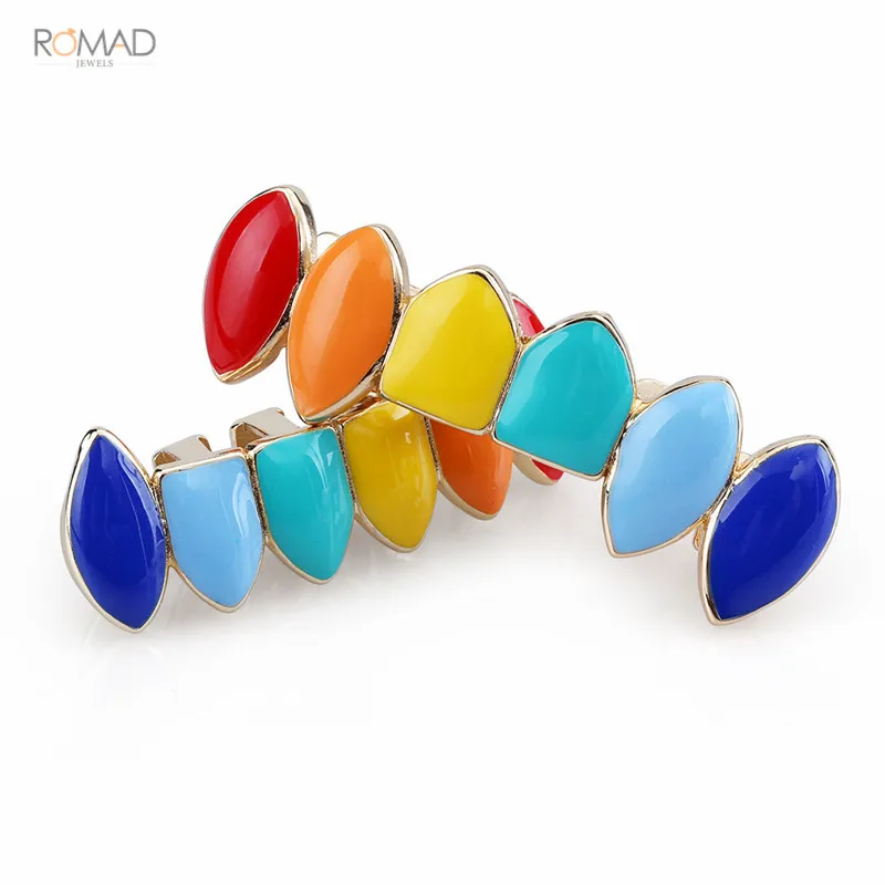 Gold Set Romad, хип-хоп, золотые, серебряные, радужные зубные решетки, верх и низ, цветные грили, стоматологические, на Хэллоуин, вечерние, в стиле панк, украшения для тела W3 - Окраска металла: Gold Set