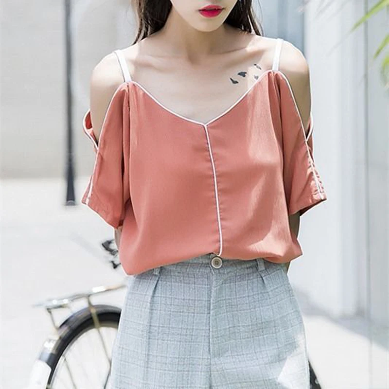 Women Summer Beach Style Short Blouses Shirts Lady Girls Casual Sleeve Off Shoulder Straped Blusas Tops DF2571 | Женская одежда