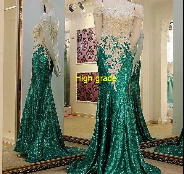 LS41199 Длинные Русалки Пром платья с плеча зашнуровать назад Sequins Кружева Топ Темно-зеленый вечер вечернее платье Реальные фотографии - Цвет: high grade
