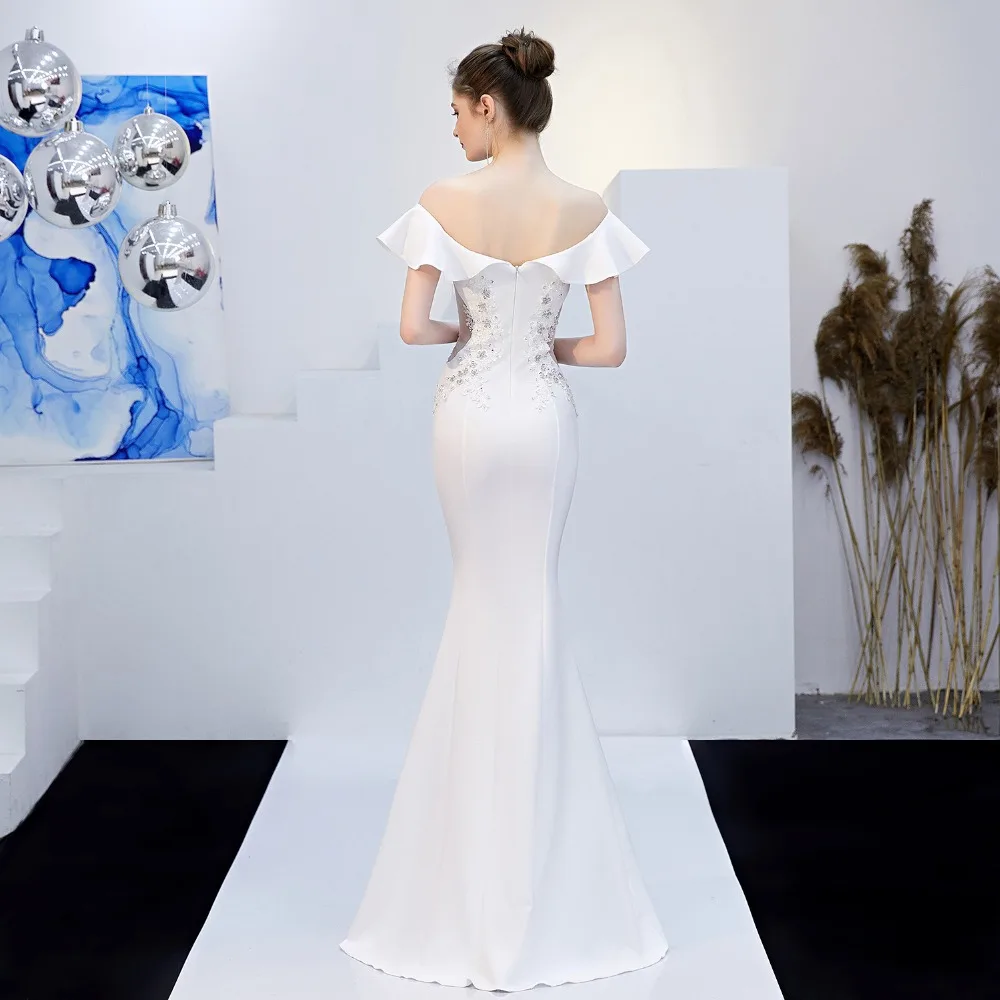 

Sladuo Luxury White Embroidery V-Neck Sexy Off Shoulder Mermaid Waist Transparent Elegant Evening Party Dress