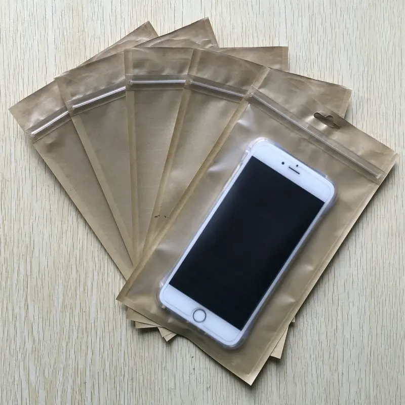 

1000Pcs/lot Plastic HD Clear+Kraft Paper Bags,Zipper Lock Retail Packaging Bags Used Mobile Phone case package bag 12cm*21.5cm