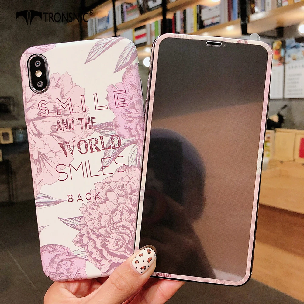 Чехол для телефона TRONSNIC с цветочным рисунком для iPhone X XS MAX XR, синяя розовая пленка из закаленного стекла для iPhone 6, 6 S, 7, 8 Plus, Роскошный Жесткий матовый чехол