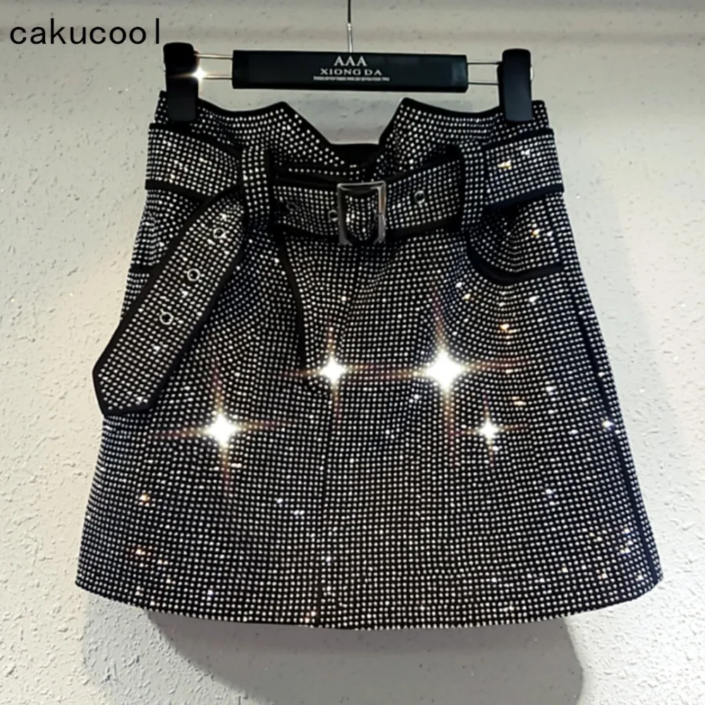 Cakucool Новый тяжелые алмазы Для женщин юбки Высокая талия пояс-кушак мини-юбка