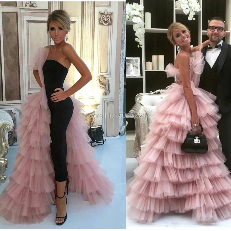 

Pink and Black Saudi Arabic Ankle Length Evening Dresses With Tiered 2019 Dubai Design Islamic Ruffles Prom Gown Party kaftans