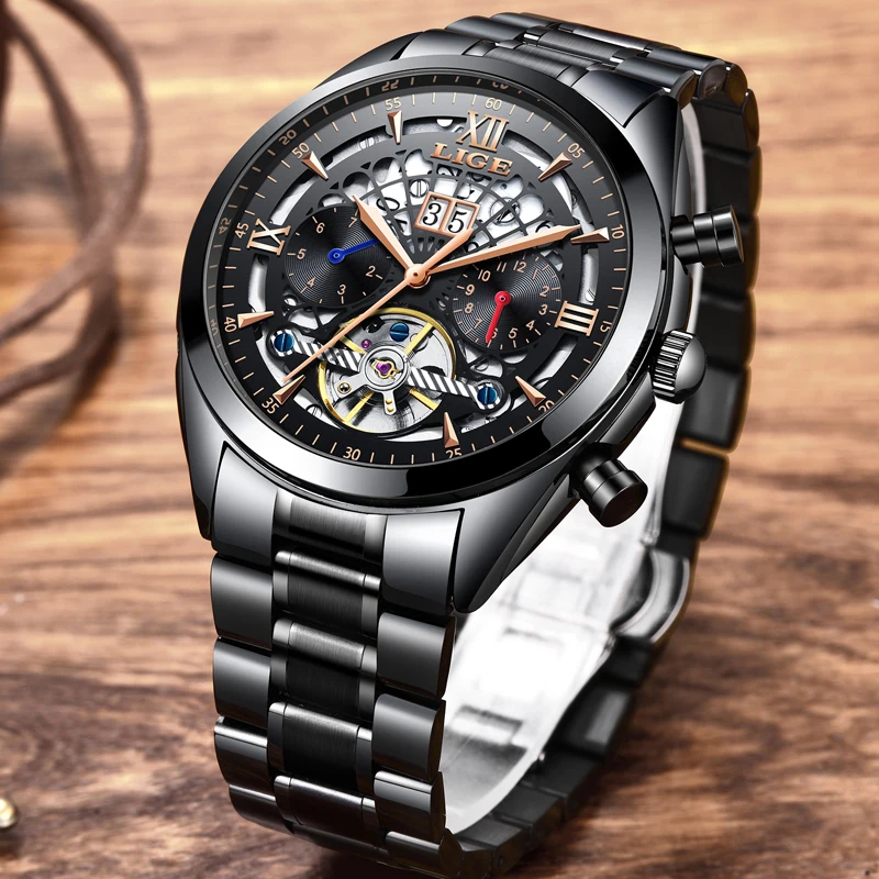 LIGE новые мужские часы Топ бренд класса люкс Tourbillon механические модные бизнес