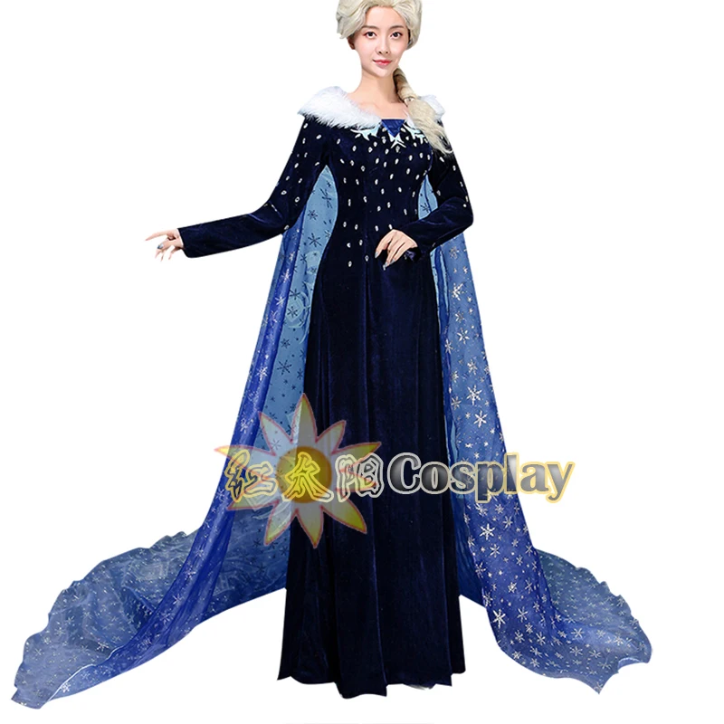 

Queen Elsa Cosplay Costume Adult Women Winter Velvet Elsa Dress Queen Carnival Halloween Costume