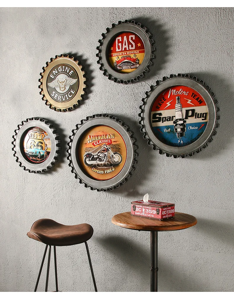 Iron Gear with LED Light Novelty Remote Control Vintage Gear Hanging Restaurant Cafe Shop Decor Home Living Room Wall Decoration