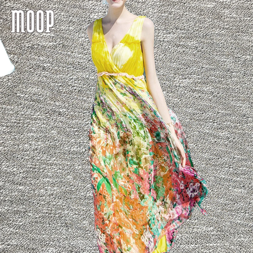 Лето Boho розовый желтый натуральный цветочный шелковое платье длинное пляжное