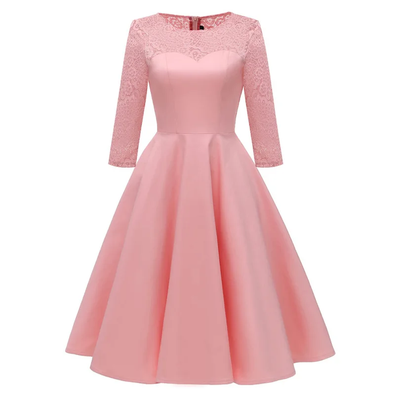 Vintage Lace A Line Ball Gown Women seven Quarter Sleeve O-neck Satin MIDI Party Dress Wedding Guest evening Dresses | Свадьбы и