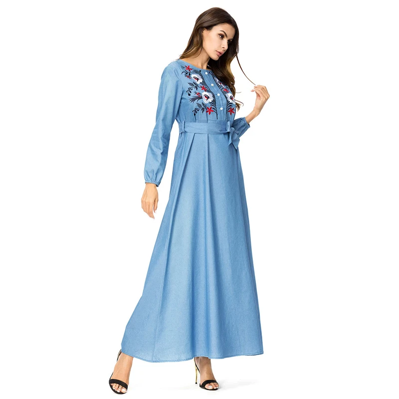 MISSJOY 2018 abaya вышитое джинсовое мусульманское женское платье ретро с длинным