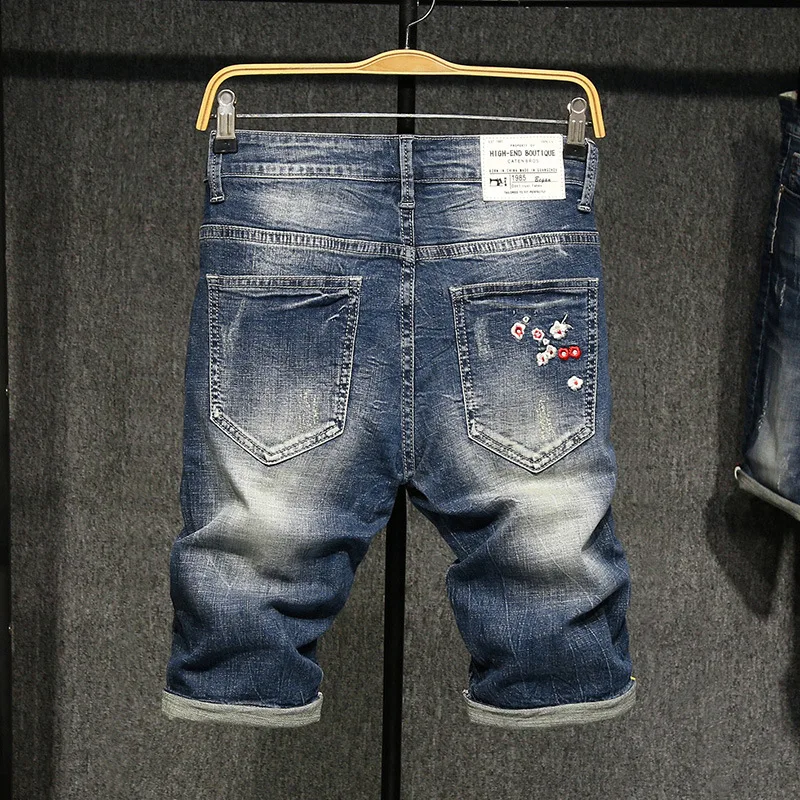 New Brand Summer Blue Color Denim Shorts Fashion Chinese style embroidered Short Ripped Jeans Men Mens Big Size | Мужская одежда