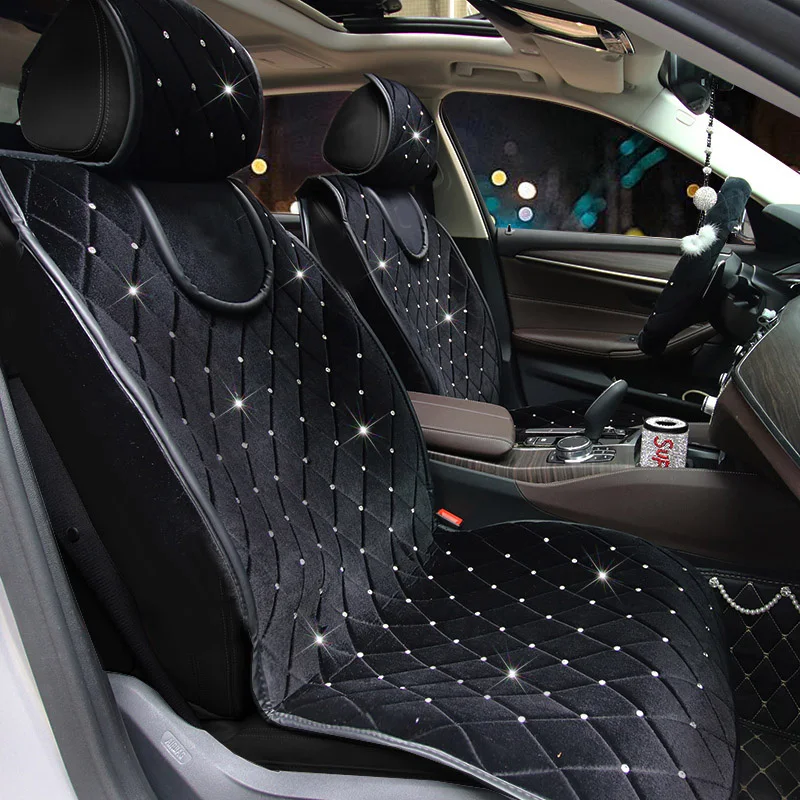 Luxury Full Crystal Diamond Car Seat Cover Universal Winter Plush Auto Seat Cushion Interior Accessories Front Seats Covers