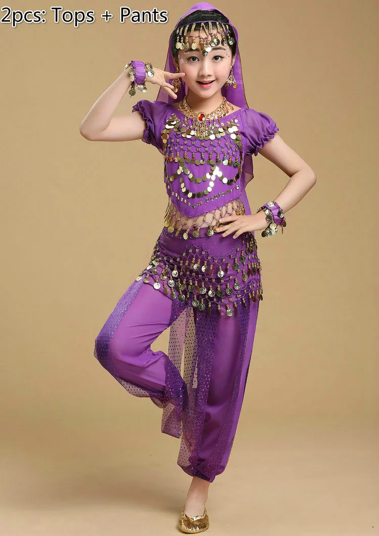 2pcs purple Детский костюм для танца живота для девочек, Детский костюм для выступлений, индийский танец живота, сексуальный Египетский танцевальный костюм, Одежда для танцев, 6 цветов - Цвет: 2pcs purple