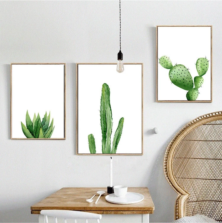 Акварельные зеленые растения кактус листья настенные художественные плакаты
