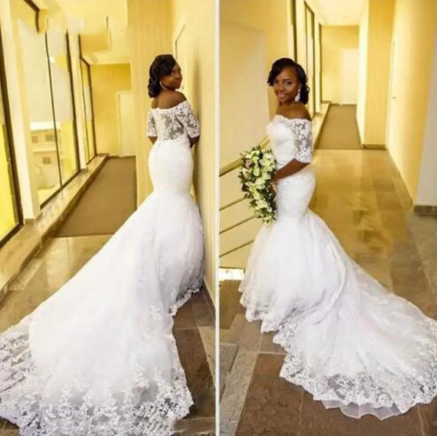 

Thinyfull 2019 Off Shoulder Short Sleeve Mermaid Plus Size Lace Appliques Wedding Dress Long Train Bridal Gown vestido de noiva