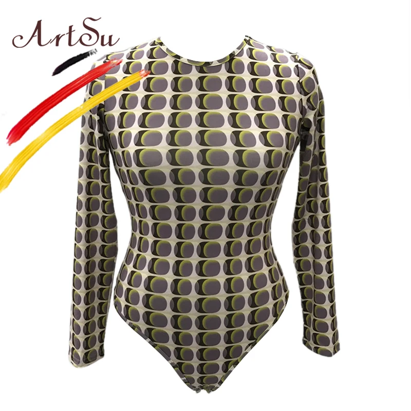 ArtSu винтажный цветочный женский боди комбинезон 2017 Осень Зима длинный рукав