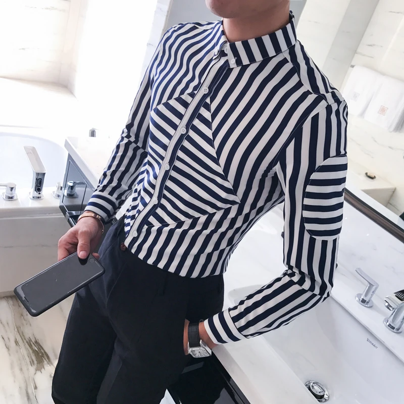 Мужская Осенняя рубашка с длинным рукавом Корейская Облегающая в полоску 97