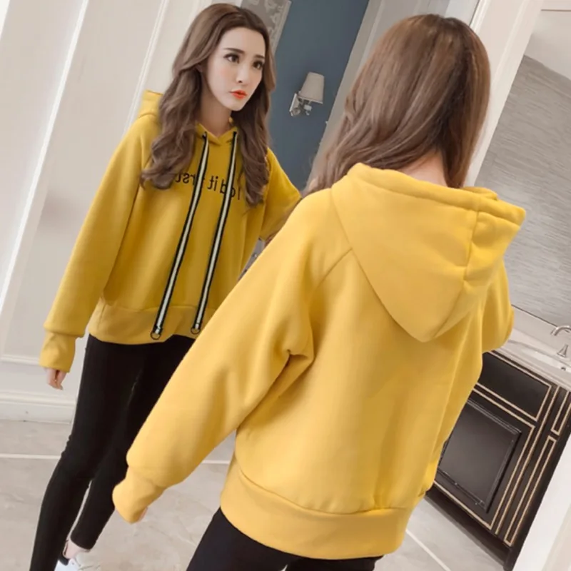 Letter Harajuku Casual Coat Hat 2018 Winter Fleece Yellow Pullover Thick Loose Women Hoodies Sweatshirt Female T | Женская одежда