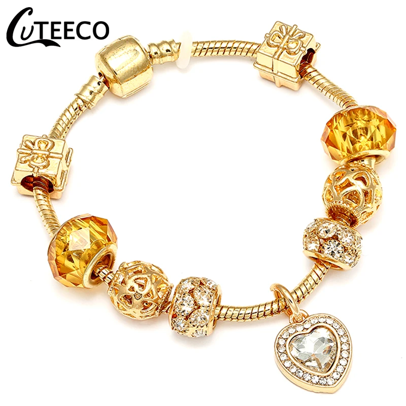 

CUTEECO 2018 New Style Charms Bracelets Bangles For Women Luxury Gold Heart Crystal Dangle Fit Brand Bracelet Jewelry Gifts