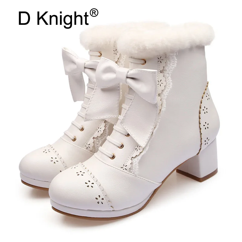 New Women Shoes Japanese Sweet Lolita Boots Lace Bow Ankle Boot Waterproof Thick High-heeled Female Casual Nude Pink Boots Shoes