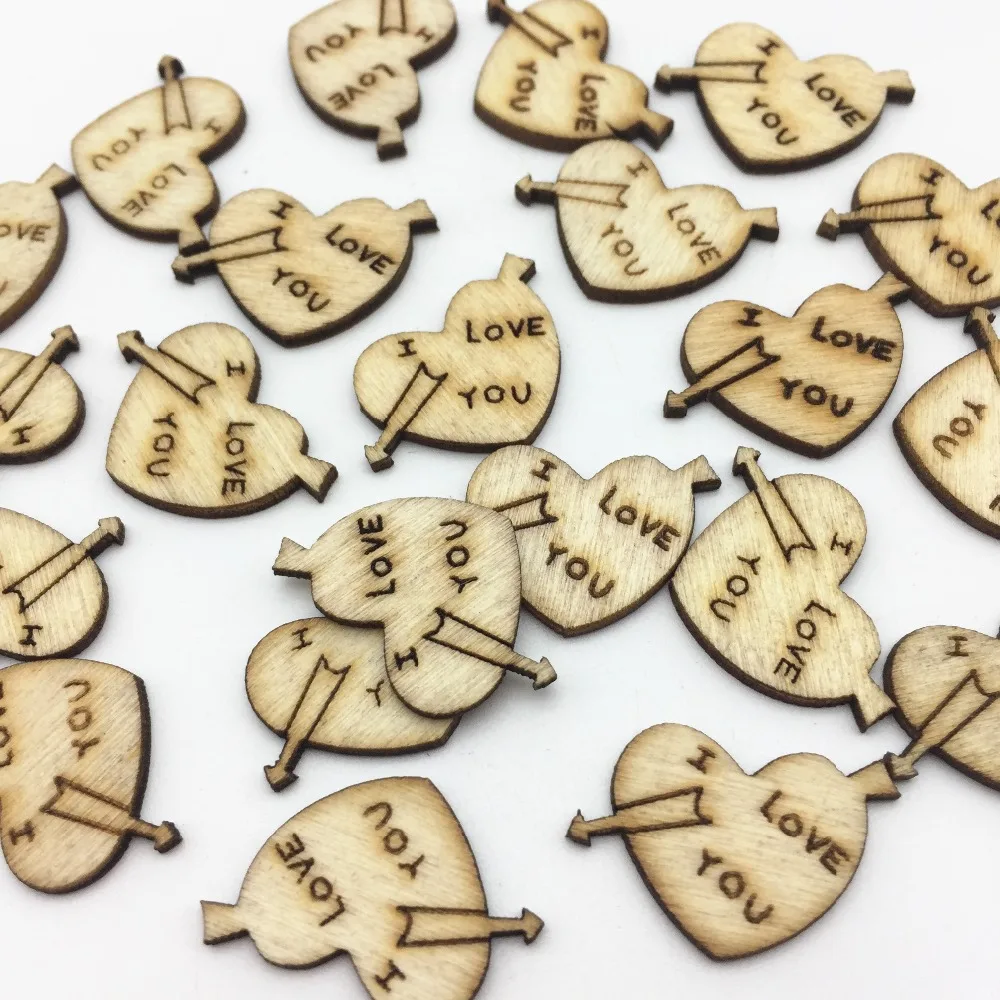

200pcs I Love You Natural Wood Heart With Cupid's Arrows Chips Confetti DIY Crafts Supplies Embellishments 15X24mm