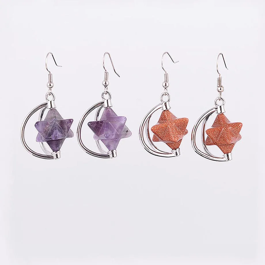 

2019 Bohemian Natural Gem Stone Merkabah Star Drop Earrings for Girl Opal Pink Crystal Lazuli Polyhedral Reiki Eardrop R111