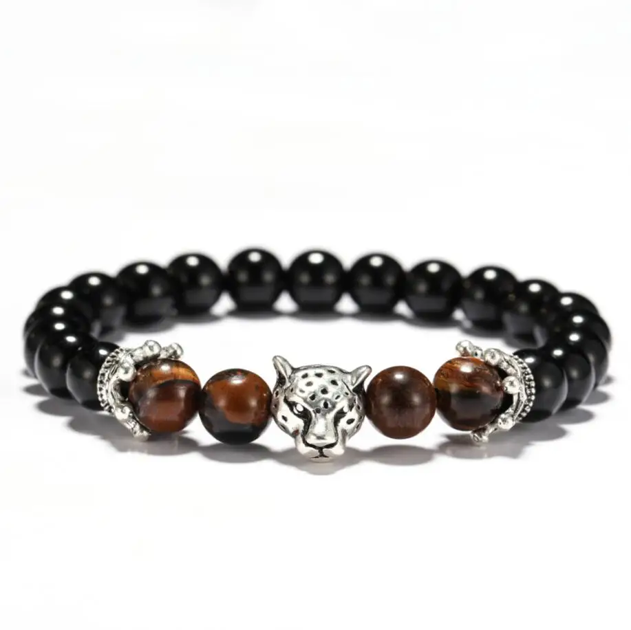 Панк Винтаж Лев браслет для мужчин 8 мм Обсидиан Бусины Braslet готический череп Braclet хип-хоп рок ювелирные изделия аксессуары браслет Homme - Окраска металла: Leopard
