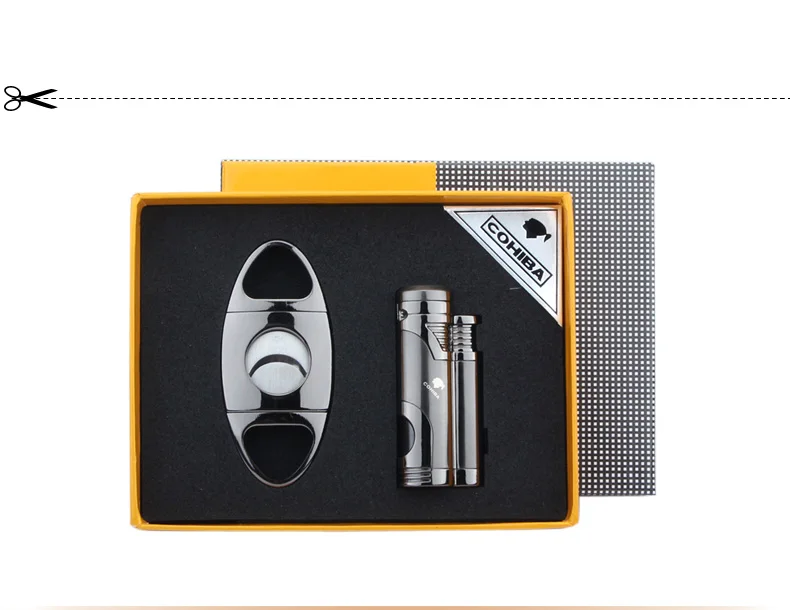 Cohiba гаджеты Сигара Набор w утолщение стали сигары резак гильотина и зажигалка ветрозащитный Двойное пламя