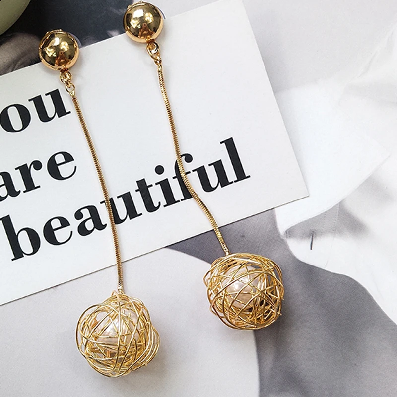 Long Hanging Dangle Ball Earrings Girls Women Fashion Party Jewelry Korea Exaggerated Drop Pendent Hollow Pearl Earring | Украшения и