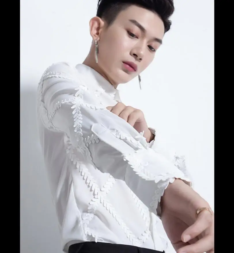 M-2xl Original Design Korean Style Shirt Men's Tide Long-sleeved Shirt Embroidery Hair Stylist Shirts Nightclub Singer Costumes
