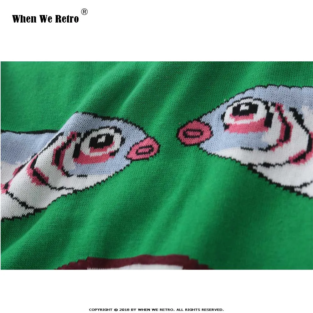 When We Retro Women Sweater Green Fashion Cartoon Fish Embroidery Female Knitted Tops Long Sleeve Ladies O-neck Pullovers YC21 | Женская