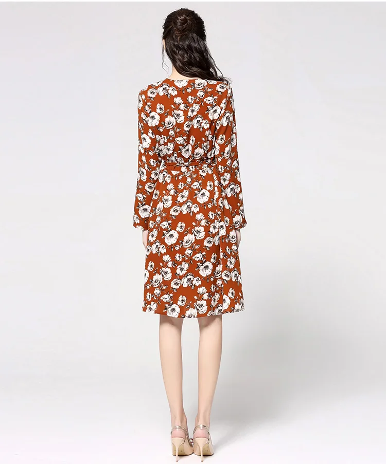 2019 spring design women floral print A-line dresses plus size V neck sexy flowers casual dress with sash Caramel color | Женская одежда