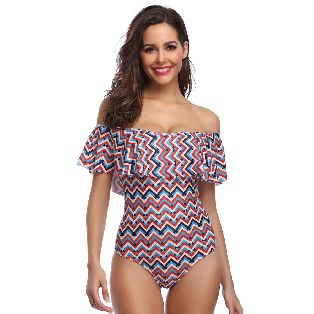 Женский слитный купальник на одно плечо кружевной с оборками и принтом лето 2019 |