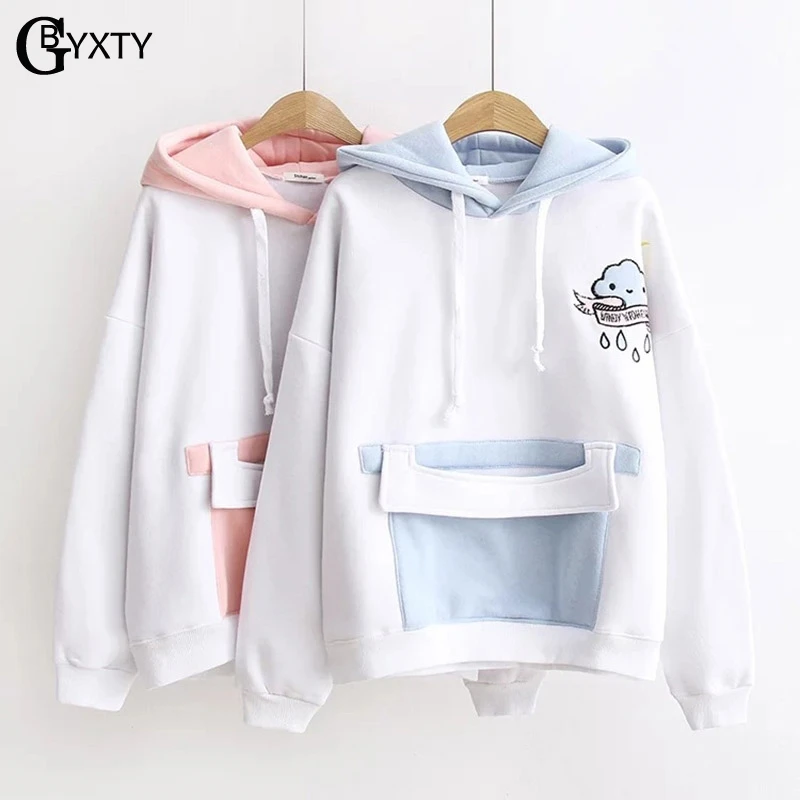 GBYXTY корейский стиль мультфильм вышивка Kawaii толстовка женская с длинным рукавом капюшоном карман толстые пуловеры Толстовки Пот ZA273