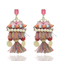 bohemian crystal tassel earrings black white blue red pink silk fabric long drop dangle tassel earrings for women jewelry